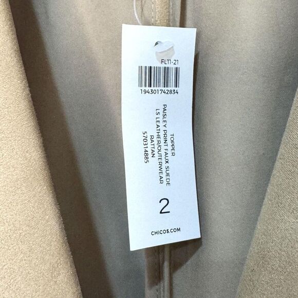 Chico's Topper Jacket 12 14 (2) Tan Paisley Faux Suede Boho Lightweight Coat - Picture 3 of 9